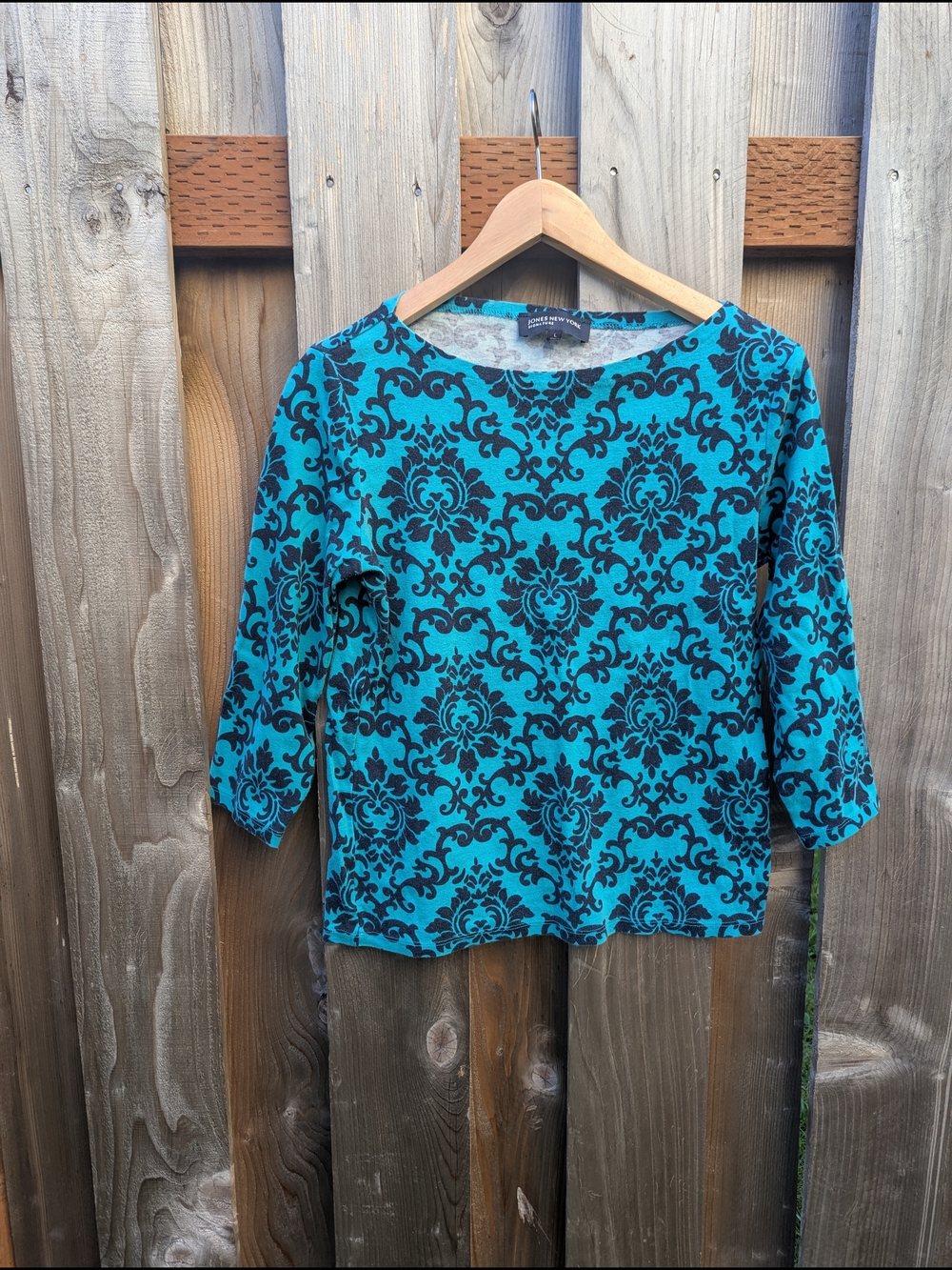 Jones New York Teal and Navy Damask 3/4 Sleeve Top